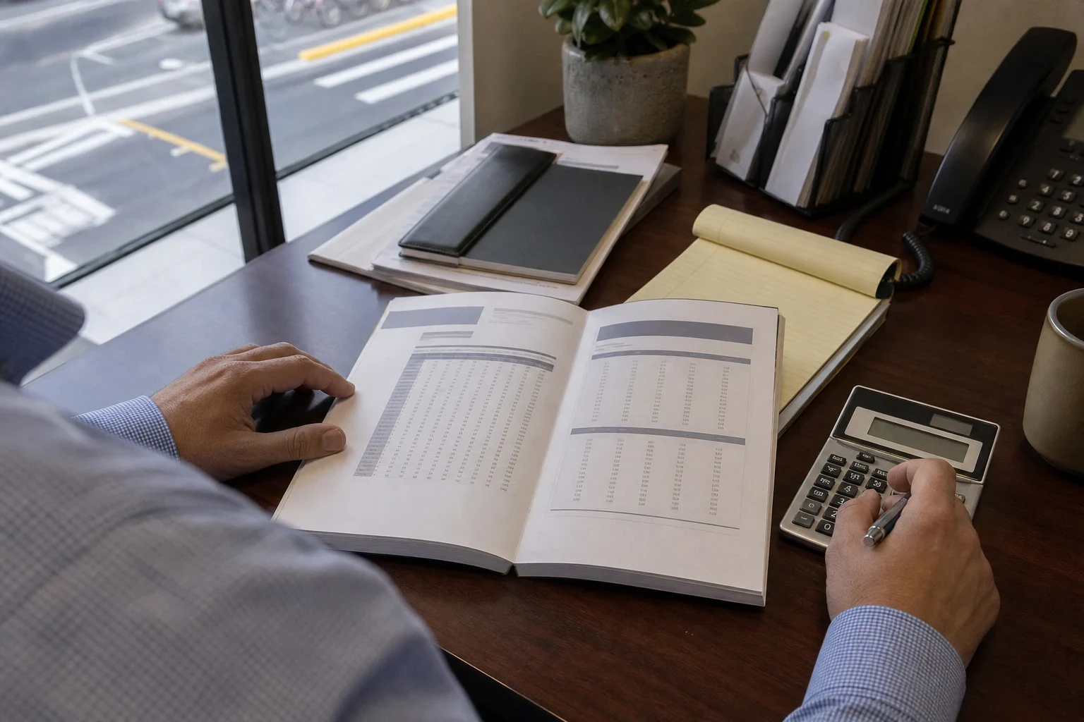 Agent at a wood desk by a street-facing window reviewing an open booklet of numeric tables, pen in hand beside a calculator, legal pad and desk phone