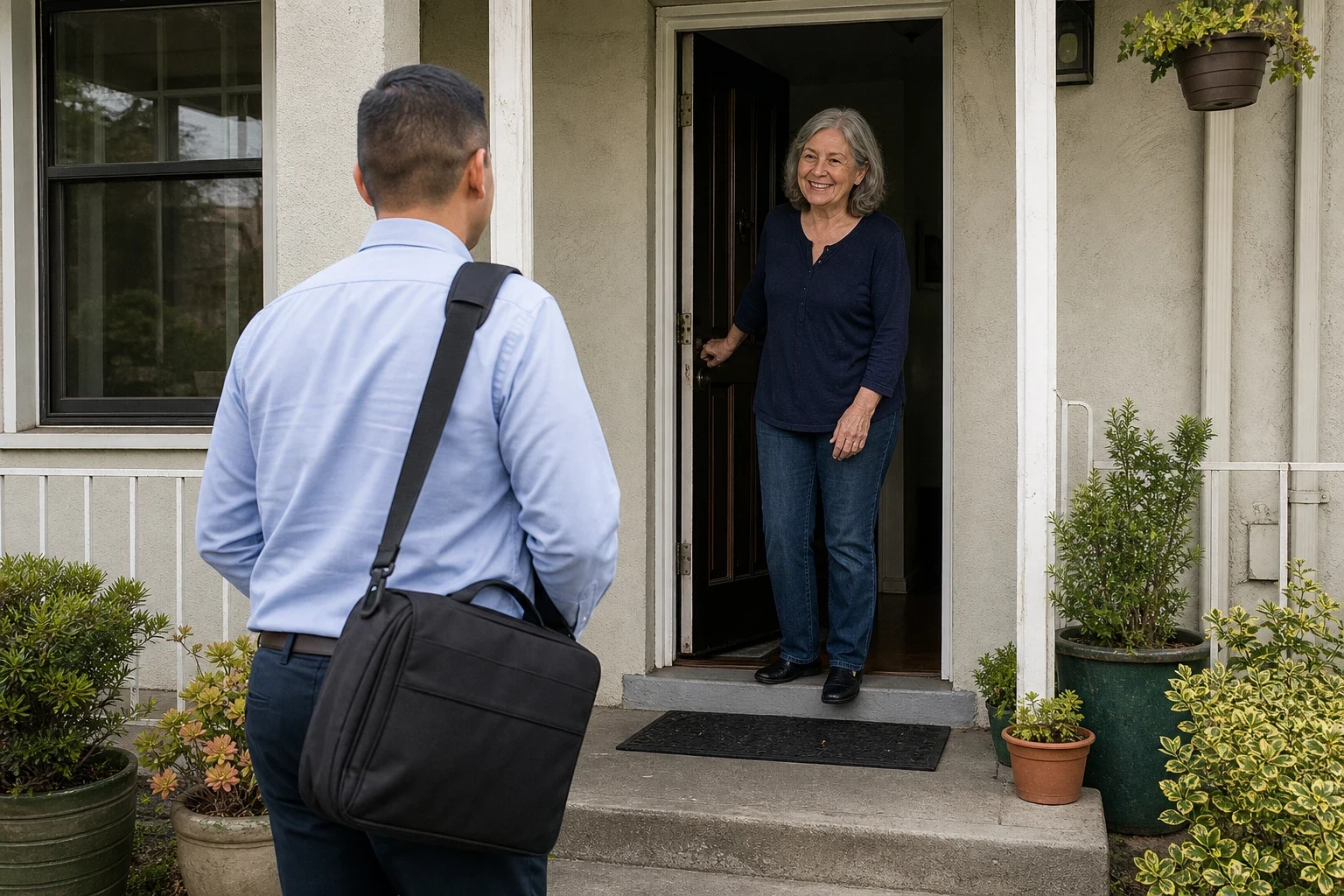 Man in a light blue shirt with a black shoulder bag stands on the front walk of a stucco home as a smiling gray-haired woman opens the door